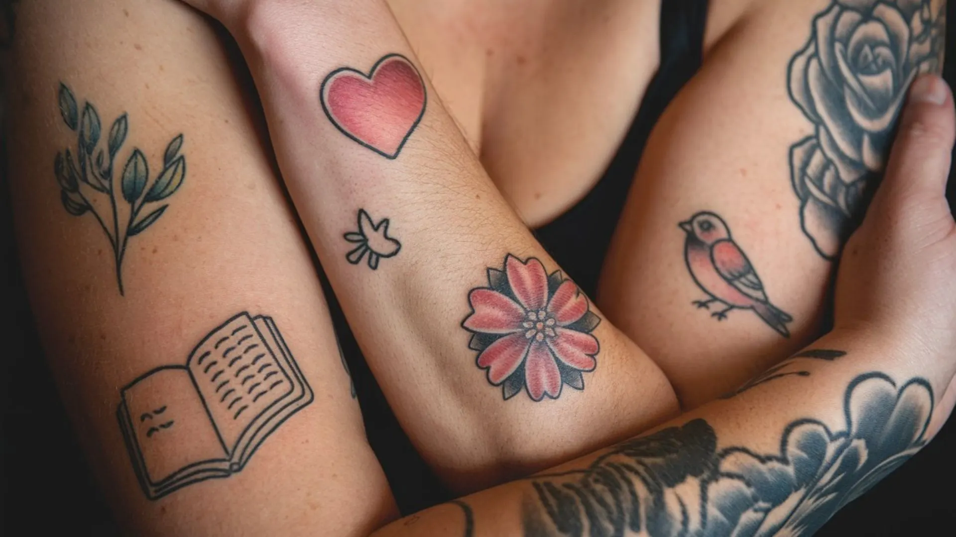 Patchwork tattoos are a collection of small tattoos placed close together